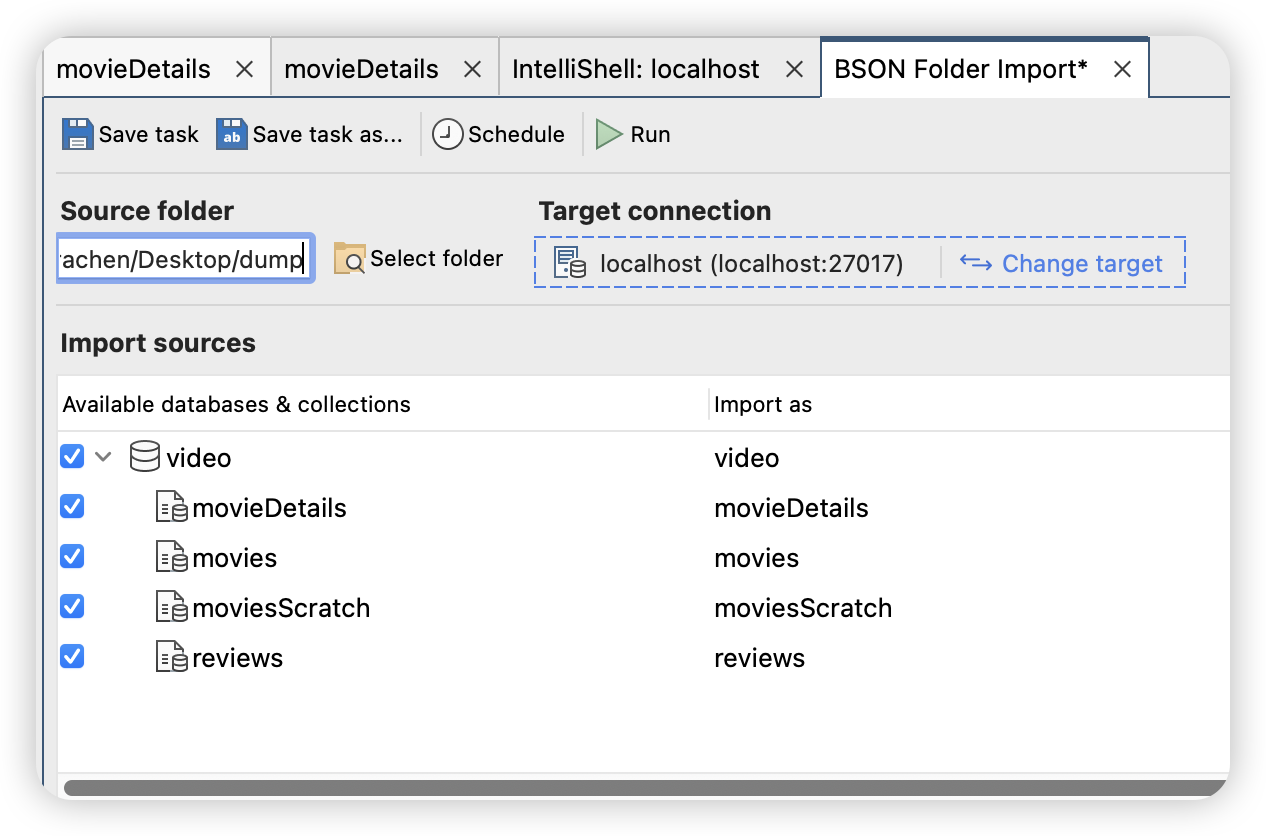 在select folder中选择dump文件夹,点击Run,数据库Video成功导入,包含4个collection