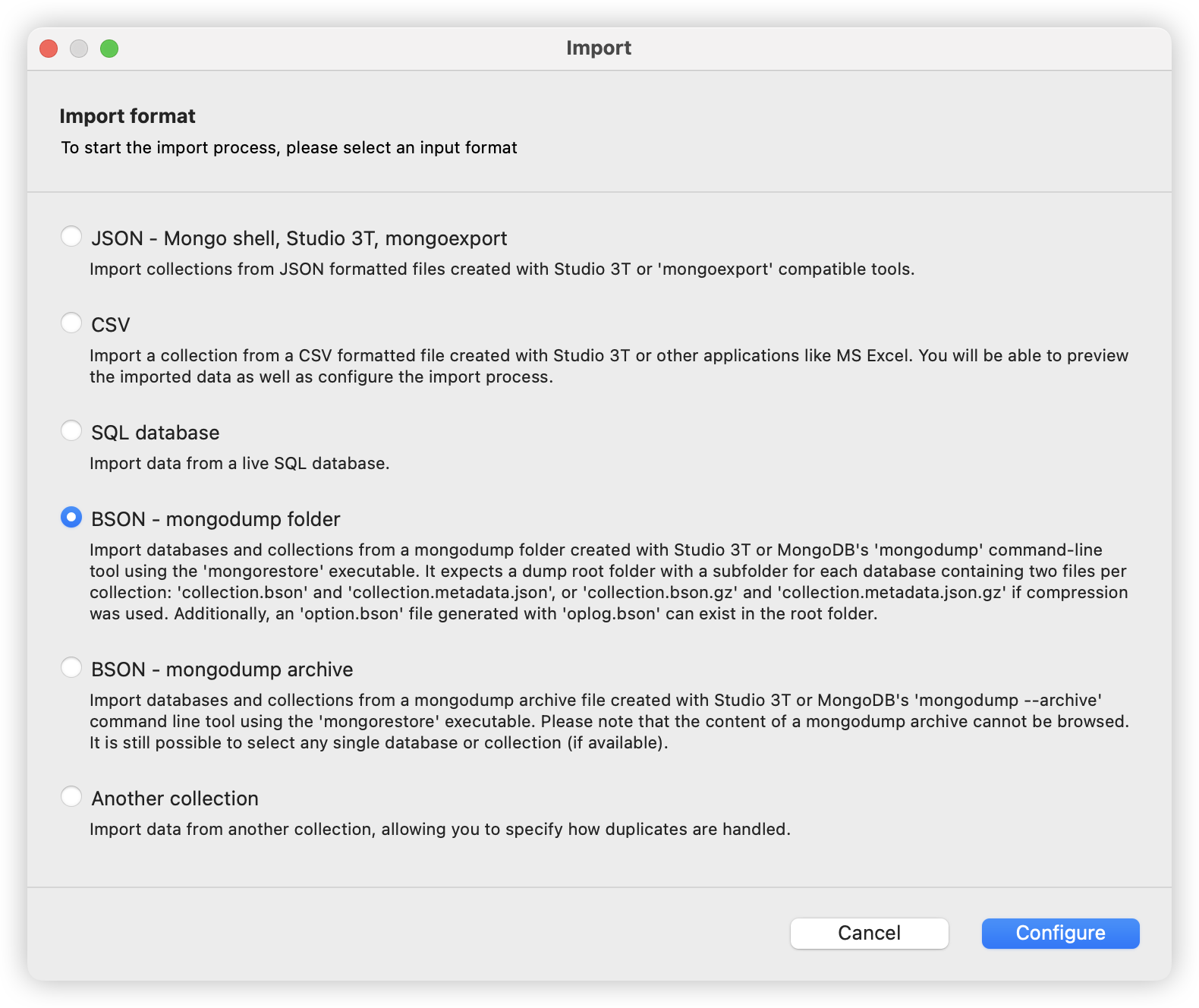 在此步中选择BSON - mongodump folder